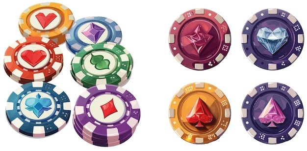 Vector poker chips casino game icons gambling coins four tokens with card signs of diamond