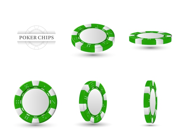 Poker chips in different position. Green chips isolated on light background.  illustration.