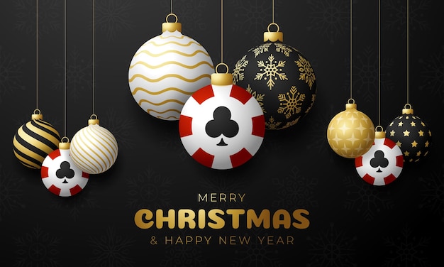 Poker christmas card. merry christmas sport greeting card. hang on a thread poker chip as a xmas ball and golden bauble on black background. sport vector illustration.