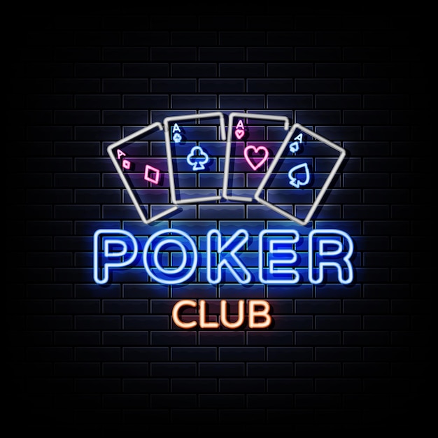 Poker club neon signs on black brick wall