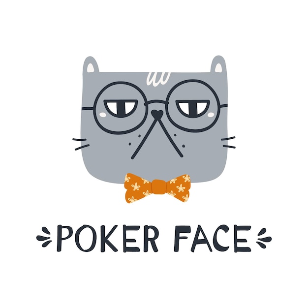 Gatto con faccia da poker in cravatta e occhiali lettere decorative disegnate a mano emoticon vettoriale serio