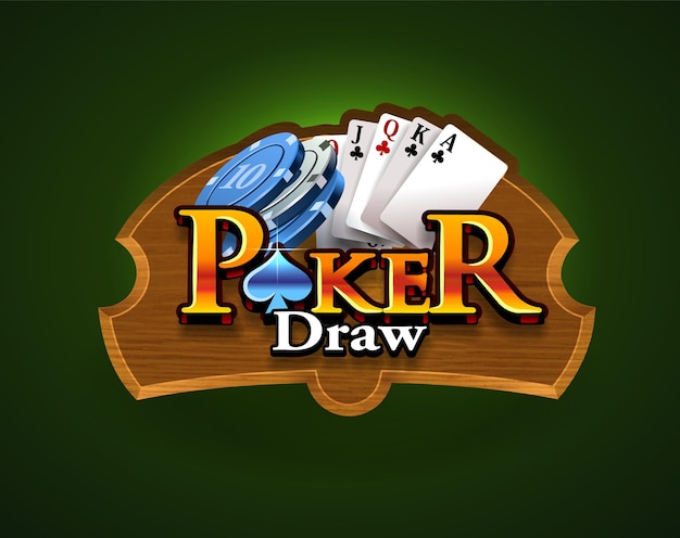 Poker logo on a wooden board and green isolated background. Card game. Casino game