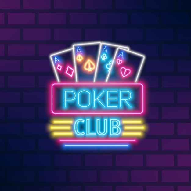 Poker neon sign design vector flat illustration. casino glowing light signboard isolated on brick wall background. symbol of gambling with game cards. trendy logo with design elements