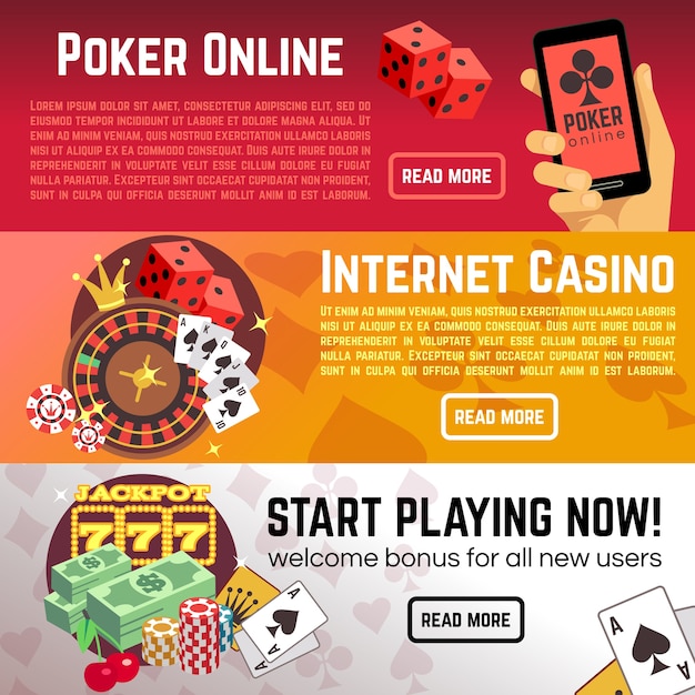 Poker online gaming lottery internet casino vector banners set. Start playing now, roulette and dice