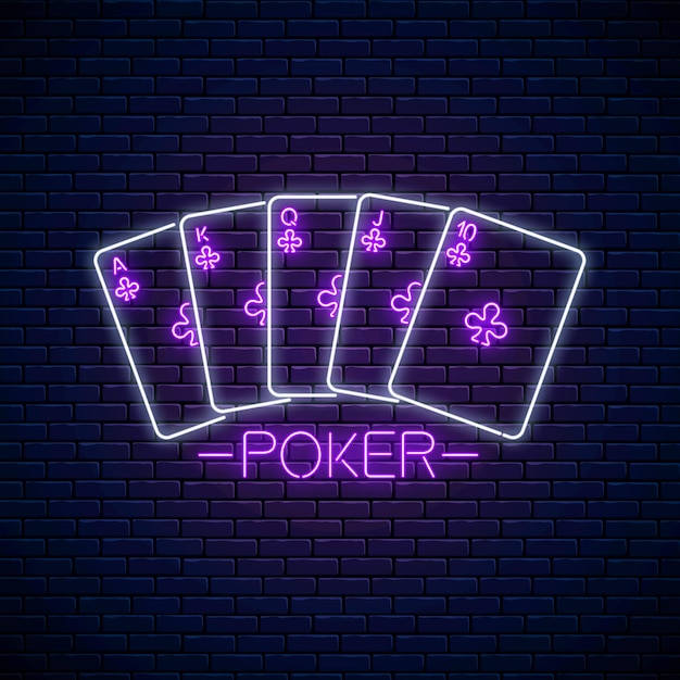 Poker teken ontwerp in neon stijl. gloeiend neon casino-symbool, banner, uithangbord. nacht logo ontwerp. gokspellen