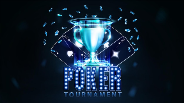 Banner di torneo di poker scuro e blu con neon casinò carte da gioco poker chips cuo pf vincitore e simbolo con lampadine