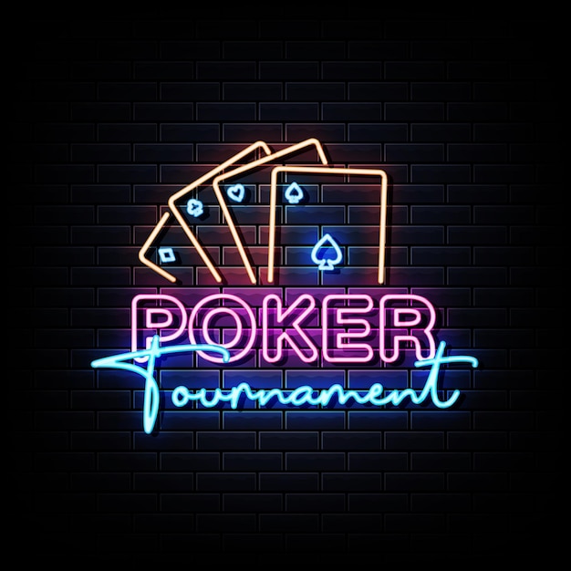 Insegna al neon del torneo di poker sul muro di mattoni nero