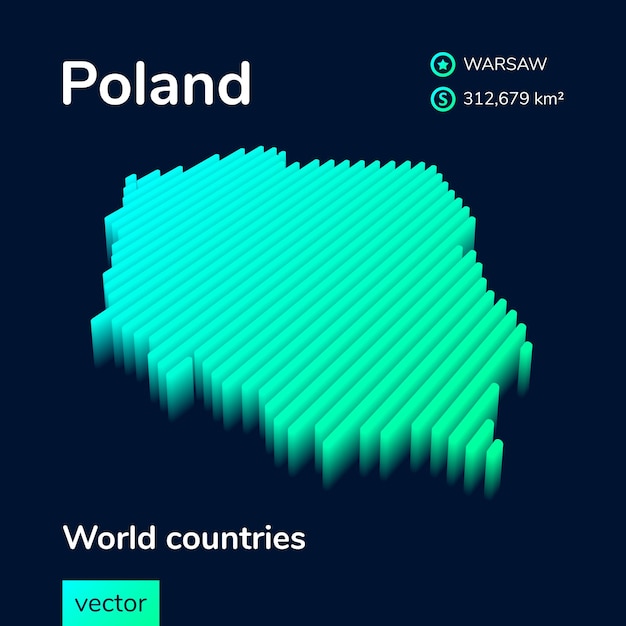 Mappa 3d della polonia. mappa vettoriale a strisce isometriche al neon stilizzata nei colori turchese e menta