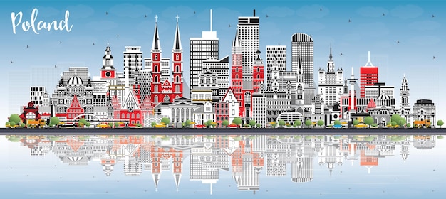 Poland City Skyline with Gray Buildings Blue Sky and Reflections Vector Illustration Concept with Modern Architecture Poland Cityscape with Landmarks Warsaw Krakow Lodz Wroclaw Poznan