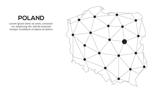 ポーランド通信ネットワーク地図街の明かりが付いた低ポリグローバル地図のベクトル画像線と点の形の地図