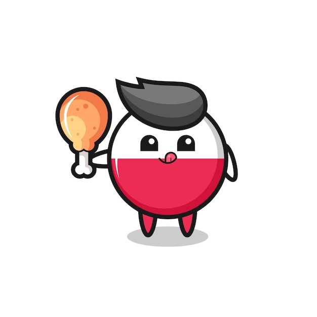 Poland flag badge cute mascot is eating a fried chicken