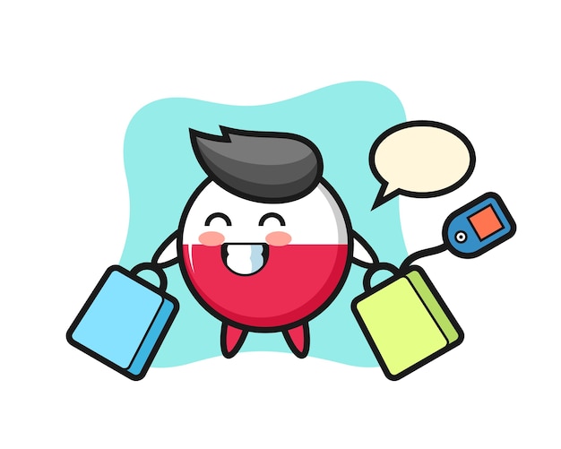 Poland flag badge mascot cartoon holding a shopping bag