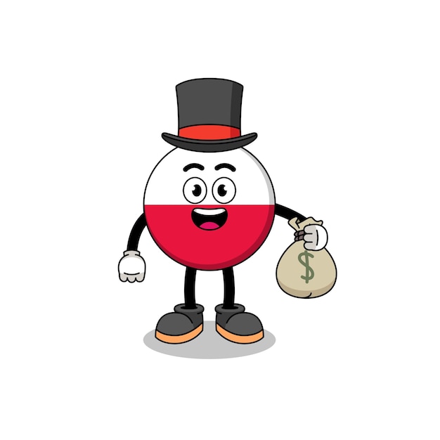 Poland flag mascot illustration rich man holding a money sack character design