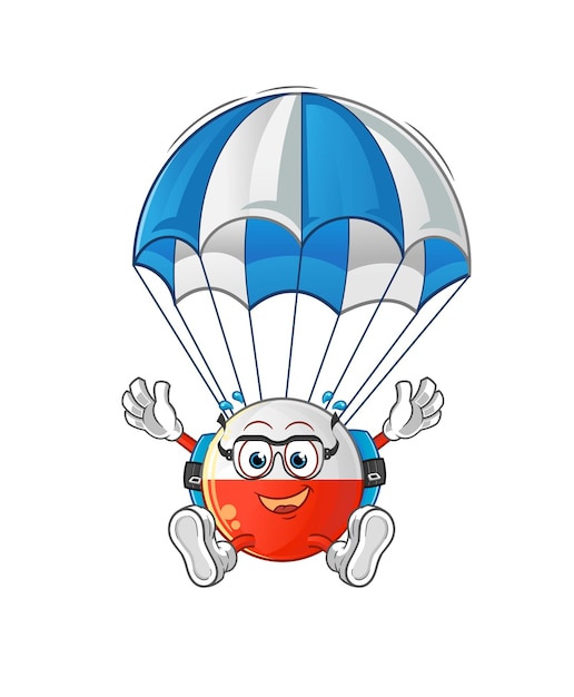 Vettore carattere di paracadutismo con bandiera della polonia. vettore mascotte dei cartoni animati