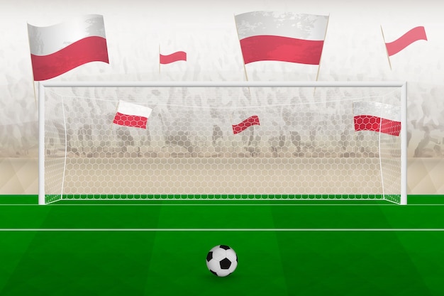 Poland football team fans with flags of poland cheering on stadium penalty kick concept in a soccer match