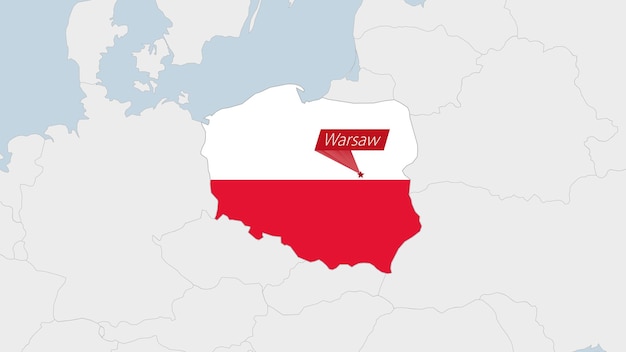 Vector poland map highlighted in poland flag colors and pin of country capital warsaw