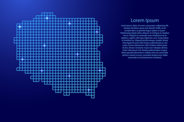 青いモザイク構造の正方形と輝く星からポーランドの地図のシルエット。ベクトルイラスト。