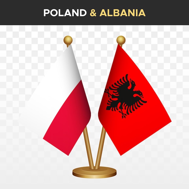Вектор Флаги польши против албании 3d-флаг польши на стойке векторная иллюстрация