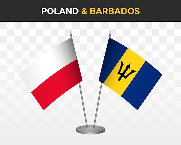 Poland vs barbados desk flags mockup isolated 3d vector illustration polish table flag