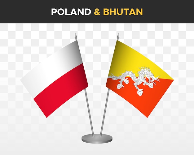 Poland vs bhutan desk flags mockup isolated 3d vector illustration polish table flag