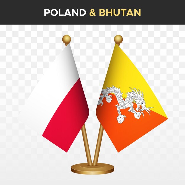 Vettore bandiere polonia vs bhutan bandiera polacca 3d a scrivania in piedi illustrazione vettoriale