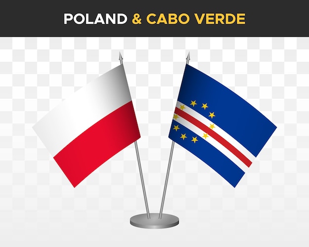 Poland vs cabo verde cape verde desk flags mockup isolated 3d vector illustration polish table flag
