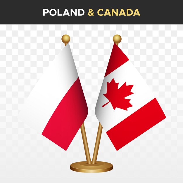 Vettore bandiere polonia vs canada bandiera polacca 3d a scrivania a piedi illustrazione vettoriale