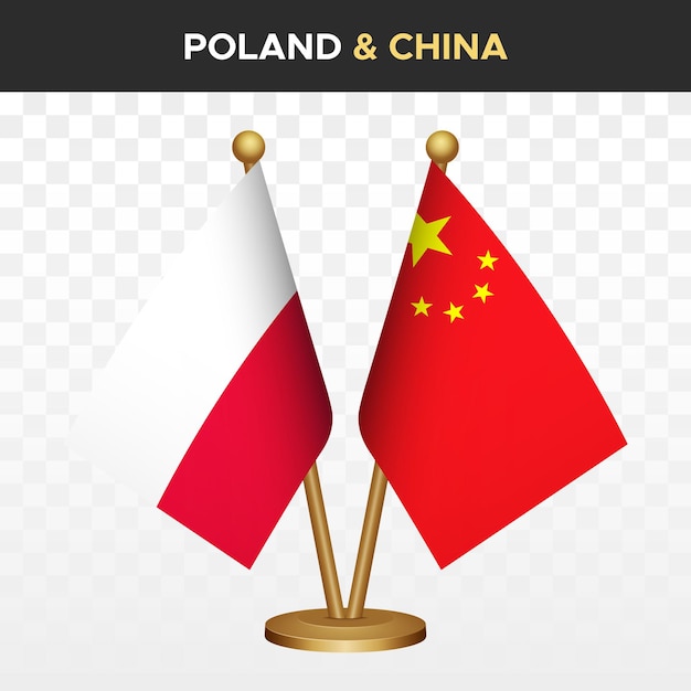 Vettore bandiere polonia vs cina 3d a scrivania a piedi bandiera della polonia illustrazione vettoriale