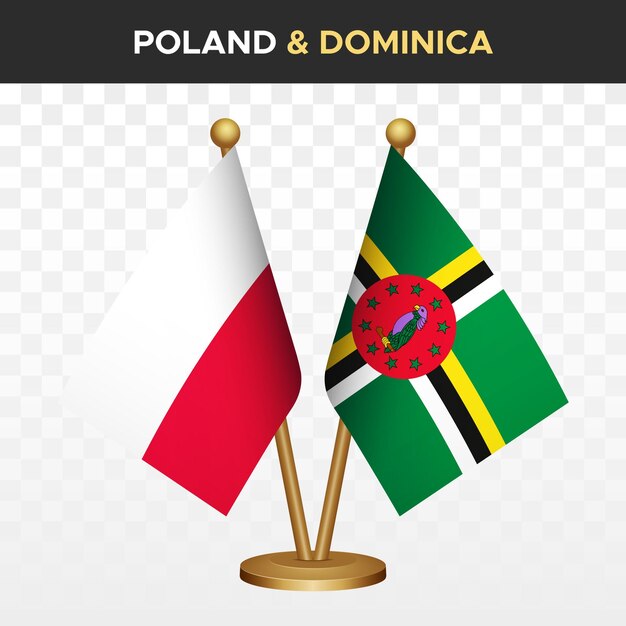 Vettore bandiere polonia vs dominica bandiera polacca 3d a scrivania a piedi illustrazione vettoriale