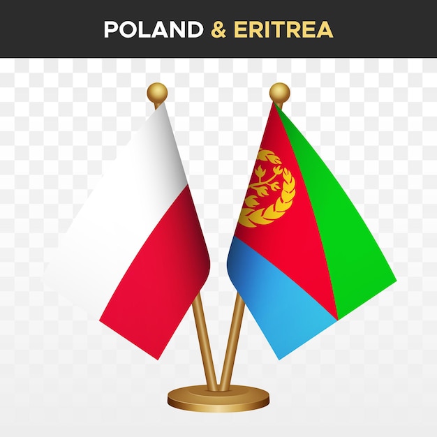 Vettore bandiere polonia vs eritrea bandiera polacca a scrivania 3d a piedi illustrazione vettoriale