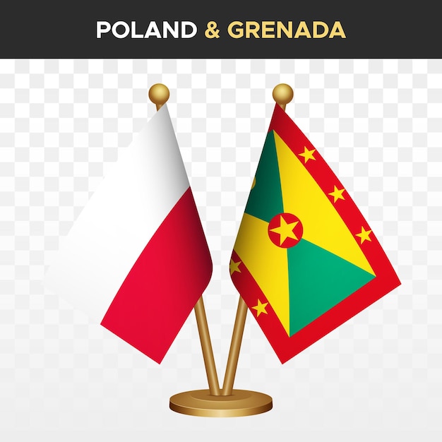 Vettore bandiere polonia vs grenada bandiera polacca 3d a scrivania a piedi illustrazione vettoriale