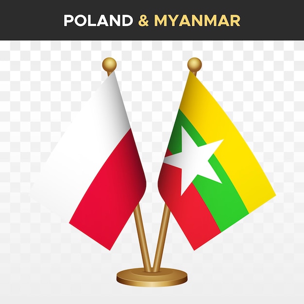 Bandiere polonia vs myanmar bandiera polacca a scrivania in piedi 3d illustrazione vettoriale