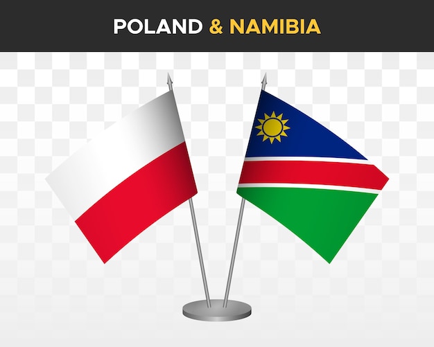 Polonia vs namibia bandiere da scrivania mockup isolato 3d illustrazione vettoriale bandiera da tavolo polacca