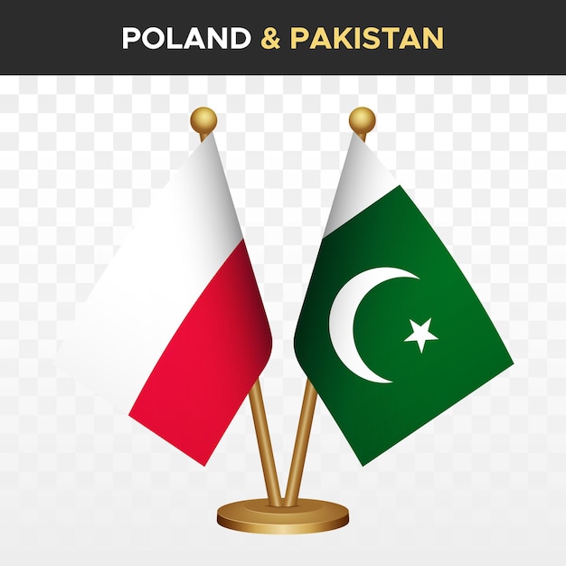 Vettore bandiere polonia vs pakistan bandiera polacca 3d a scrivania a piedi illustrazione vettoriale