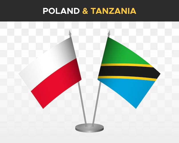 Poland vs tanzania desk flags mockup isolated 3d vector illustration polish table flag