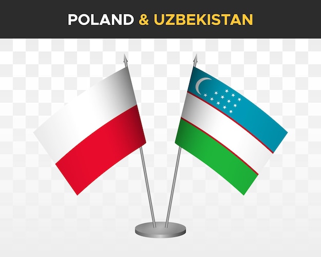 Макет настольных флагов польши и узбекистана изолированный трехмерный векторный рисунок польский флаг стола