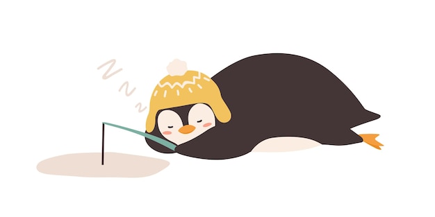 Polar animal sleeping at fishing vector flat illustration. Tired funny cartoon penguin holding fishing rod lying near ice hole isolated on white. Adorable arctic fisherman in hat relaxed outdoors.