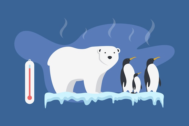 Вектор Полярный медведь и пингвин с тающим льдом