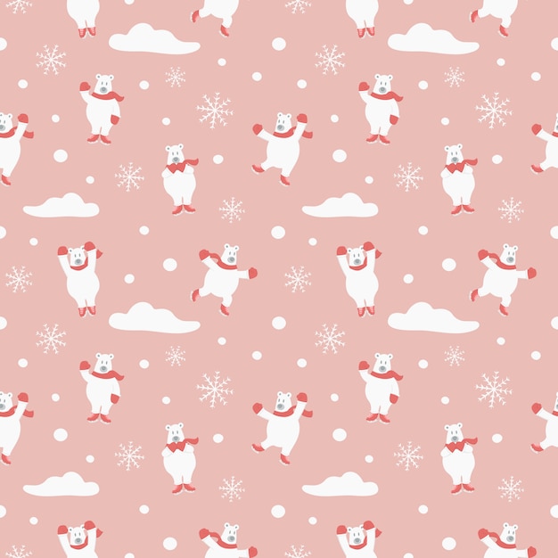 Polar bear cartoon playing ice skate seamless pattern.