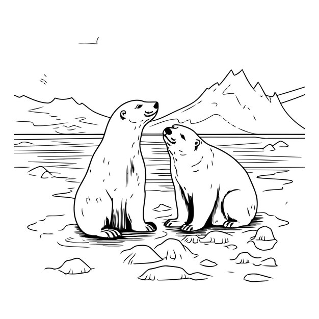 Vector polar bear and cub on the shore of the lake vector illustration