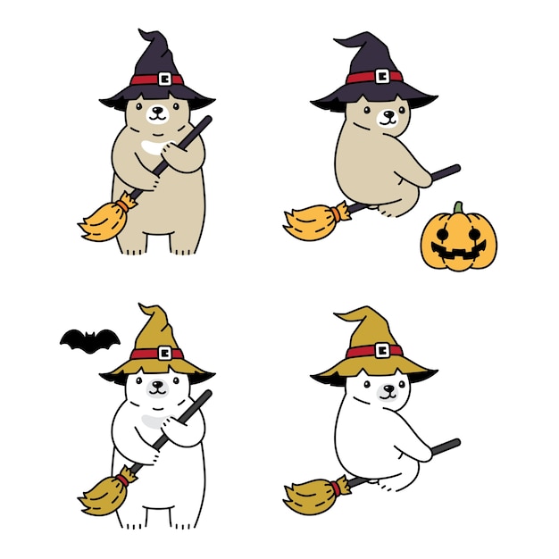 Polar bear halloween witch hat cartoon