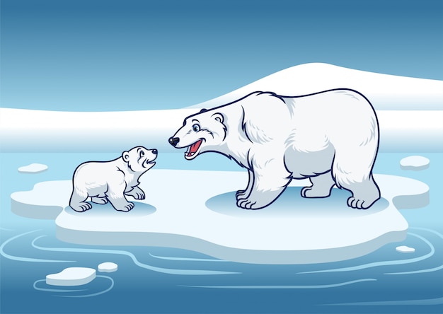 Polar bear and her cub standing in the top of the ice