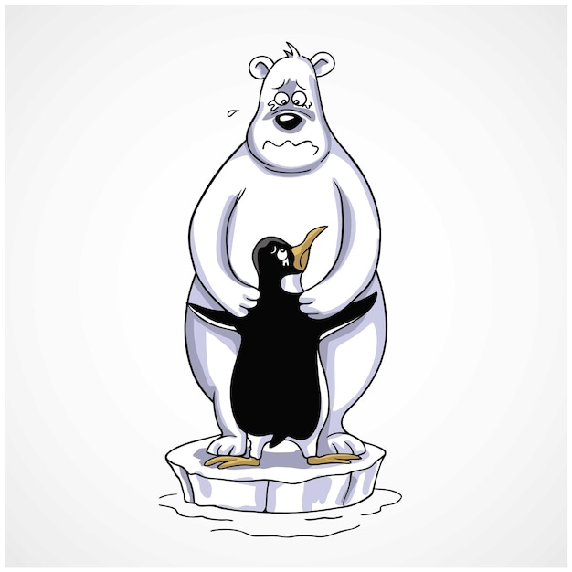 Orso polare che abbraccia pinguino effetto riscaldamento globale triste scena polare fumetto illustrazione vettoriale