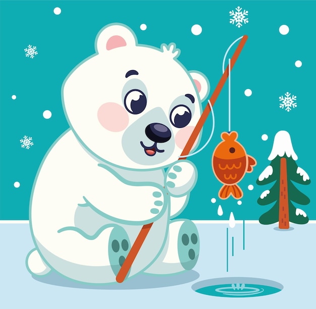 Vector a polar bear is fishing in the north pole cartoon vector illustration