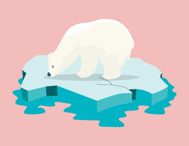 Un orso polare è su un pezzo di ghiaccio davanti a uno sfondo blu.