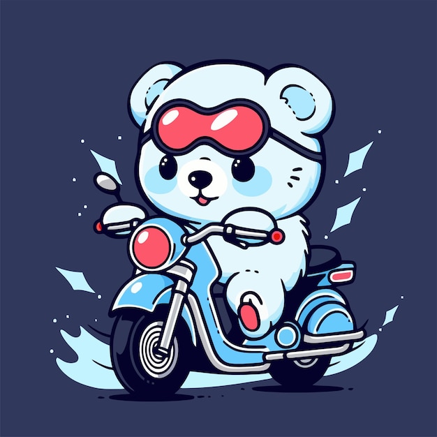 A polar bear is riding a scooter with a red sun glasses.