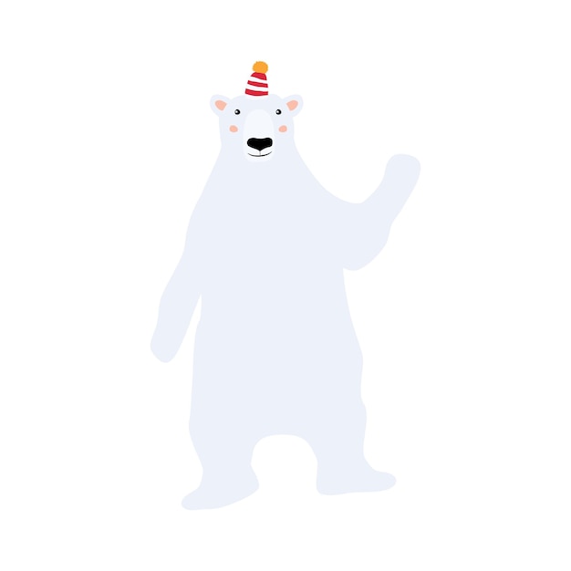 A polar bear in a knitted hat smiles and waves his hand in greeting. adorable new year childrens illustration