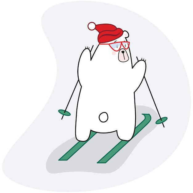 A polar bear in a red hat runs skiing in a cartoon style