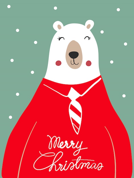 Polar Bear Scarf Cartoon with Christmas Festival and Snow Winter.