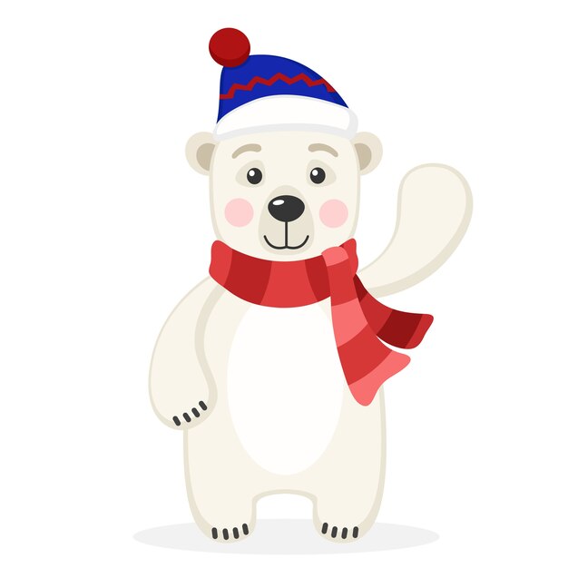 Polar bear in a scarf and hat waving his paw on a white background.